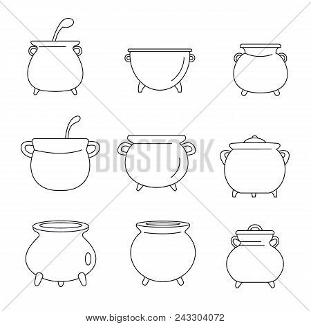 Cauldron Pot Kettle Halloween Icons Set. Outline Illustration Of 9 Cauldron Pot Kettle Halloween Vec