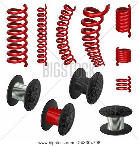 Coil Spring Flexible Cable Mockup Set. Realistic Illustration Of 11 Coil Spring Flexible Cable Mocku