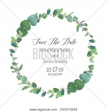 Eucalyptus Selection Branches Vector Design Round Frame. Rustic Wedding Greenery. Mint, Blue Tones. 
