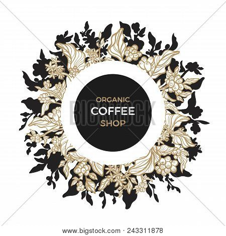 Template With Art Line Floral Design. Symbol Elegant Card Of Coffee
Branch, Bean, Flower. Tropic Vec