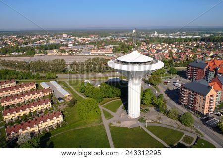 Orebro, Sweden - May 16, 2018: Aerial View Of The Mushroom Shaped Water Tower Svampen.