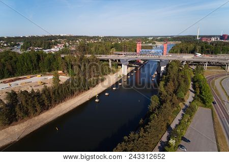 Sodertalje, Sweden - May 26, 2016: Aerial View Of The Sodertalje Canal Towards The Entrance From The