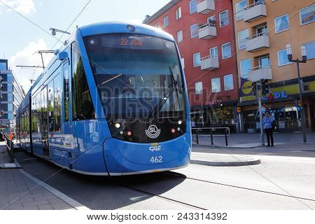 Sundbyberg, Sweden August 23, 2016: Tram Class A35 In Service On Line 22 For Sl In Sundbyberg City C