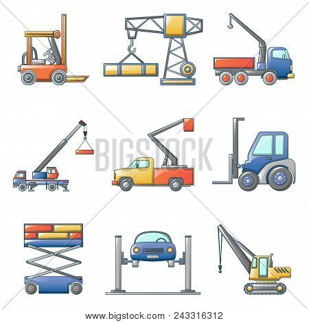 Lifting Machine Equipment Icons Set. Cartoon Illustration Of 9 Lifting Machine Equipment Cargo Vecto