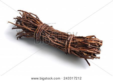 Dried Medicinal Herbs Raw Materials Isolated On White. Comarum Palustre (potentilla Palustris),  Pur