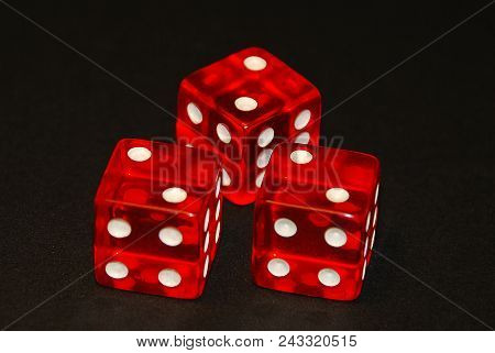 Three Dice On A Black Desk, Result Six (6), Doublets Of Two (2)