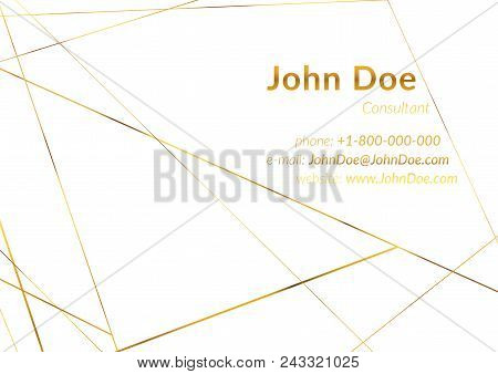 Business Card Layout With Gold Geometric Wireframe Pattern. White Chic Frame And Text. Art Deco Poly