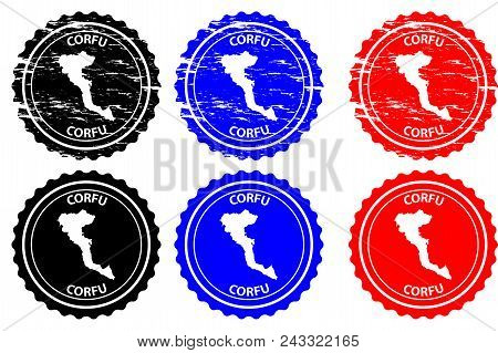 Corfu - Rubber Stamp - Vector, Corfu (kerkyra) Map Pattern - Sticker - Black, Blue And Red