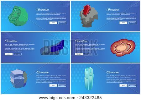 Gemstones Web Posters Set Aquamarine Agate Sapphire Malachite Garnet Carnelian Ruby Precious Gemston