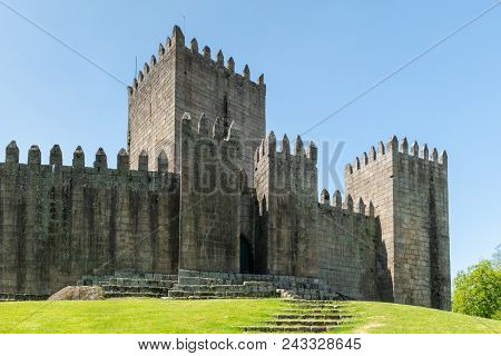 Guimaraes, Portugal - Circa April 2018: The Castle Of Guimaraes In The Northern Region Of Portugal. 