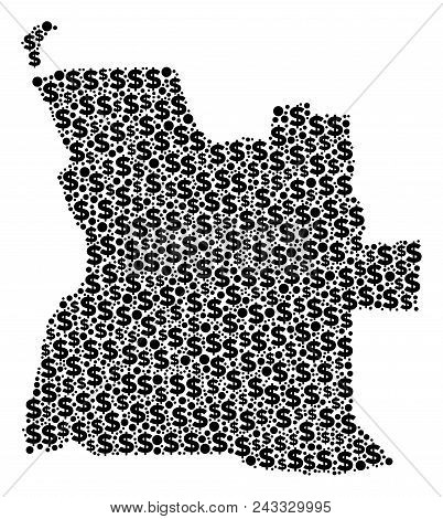 Angola Map Collage Of Dollar Signs And Sphere Spots In Different Sizes. Abstract Vector Banking And 