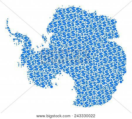 Antarctica Map Mosaic Of Money Signs And Sphere Dots In Various Sizes. Abstract Vector Treasury And 