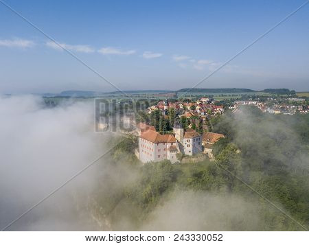 Three Castles Seen Over Cloud Sea In Dornburg, Thuringia, Germany
