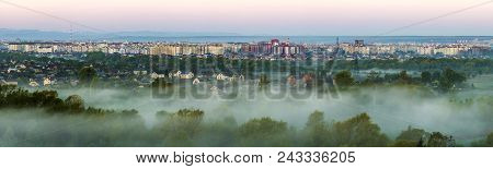 Beautiful Panorama Of Morning Aerial View Of Ivano-frankivsk City, Ukraine. Scene Of Quiet Suburbs A