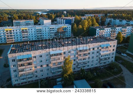 Bird's eye view of houses in urban-type settlement, Nikolskiy, Leningrad region, Russia.
