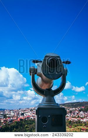 Abstract Observation Telescope, Panoramic View Of The Abstract European City With Red Roofs, Summer 