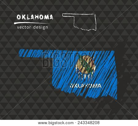 Oklahoma National Vector Map With Sketch Chalk Flag. Sketch Chalk Hand Drawn Illustration
