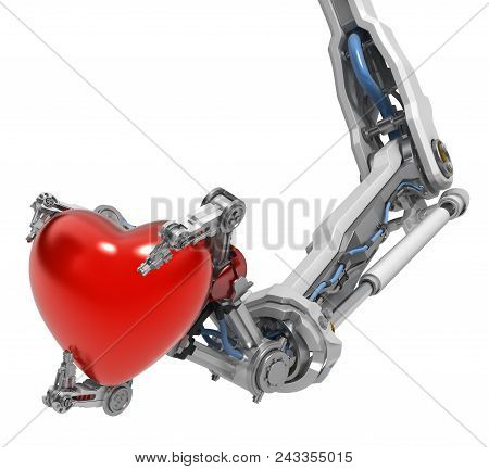Robotic Arm With Three Fingers, Holding Red Heart Valentine Symbol, 3d Illustration, Horizontal, Ove
