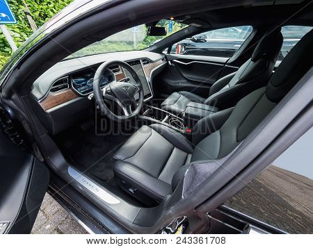 Urmond, Netherlands - May 31, 2018: Leather Luxury Interior Of Electric Car Tesla Model S 100d. Tesl