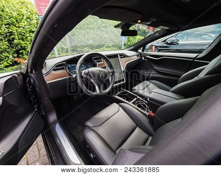 Urmond, Netherlands - May 31, 2018: Leather Luxury Interior Of Electric Car Tesla Model S 100d. Tesl