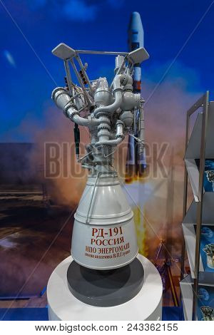 Berlin - April 26, 2018: Space Pavilion. Stand Of Roscosmos State Corporation For Space Activities. 
