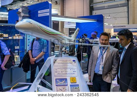 Berlin - April 26, 2018: Stand Of Leonardo. Concept Aircraft For The Program Clean Sky 2. Exhibition