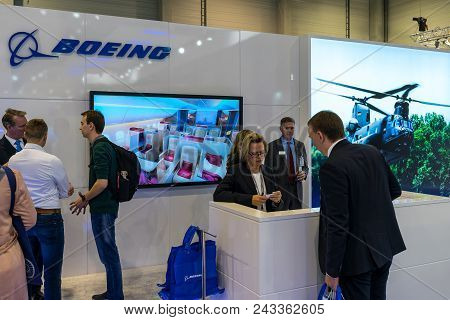 Berlin - April 26, 2018: Stand Of Boeing. Exhibition Ila Berlin Air Show 2018