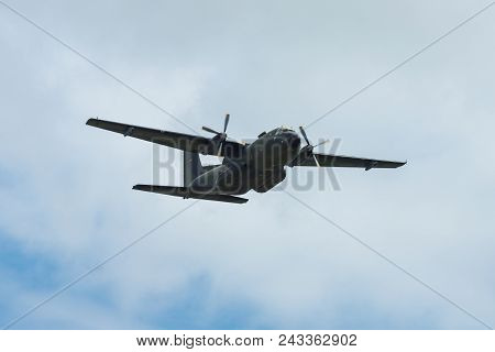 Berlin - April 26, 2018: Demonstration Flight Of The Military Transport Aircraft Transall C-160d. Ge