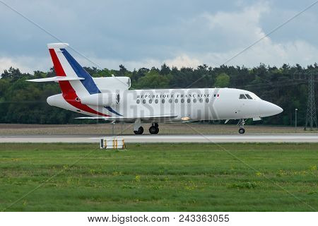 Berlin - April 26, 2018: Intercontinental Business Jet Dassault Falcon 7x On The Airfield. French Ai