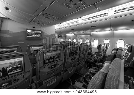 Berlin - April 26, 2018: Interior Of An Economy Class Of The Aircraft Airbus A380. Emirates Airline.