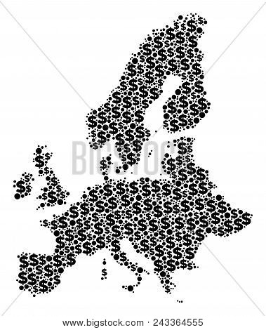 European Union Map Composition Of Dollar Symbols And Sphere Dots In Various Sizes. Abstract Vector C