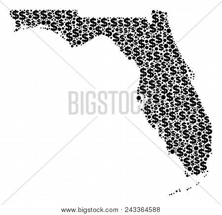 Florida Map Collage Of Dollar Symbols And Circle Points In Variable Sizes. Abstract Vector Monetary 