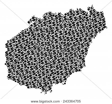 Hainan Island Map Composition Of Money Signs And Sphere Dots In Different Sizes. Abstract Vector Wea