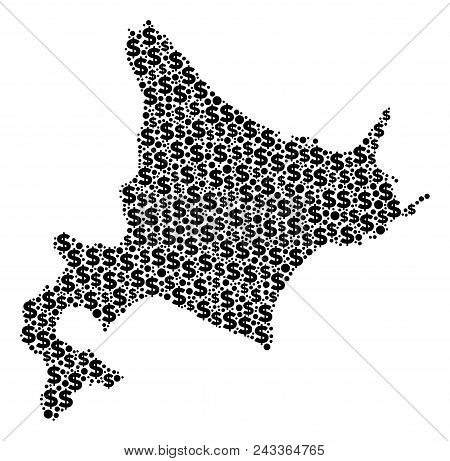 Hokkaido Island Map Mosaic Of Dollars And Spheric Dots In Different Sizes. Abstract Vector Economics