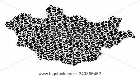 Mongolia Map Collage Of Dollar Signs And Sphere Spots In Variable Sizes. Abstract Vector Financial A