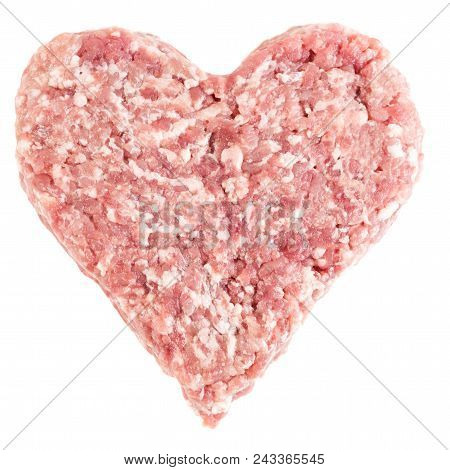 Raw Red Meat Burger For Hamburgers In Shape Of Heart Isolated On White Background. Top View.