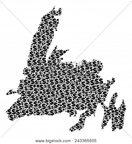 Newfoundland Island Map Composition Of Dollar Symbols And Spheric Dots In Variable Sizes. Abstract V