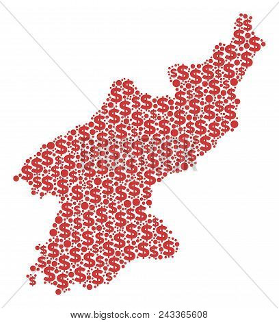 North Korea Map Composition Of Dollar Symbols And Spheric Dots In Different Sizes. Abstract Vector M
