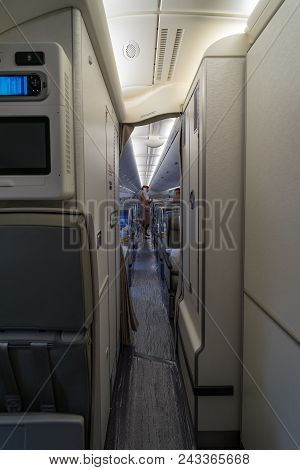 Berlin - April 26, 2018: Interior Of The Aircraft Airbus A380. Emirates Airline. Exhibition Ila Berl