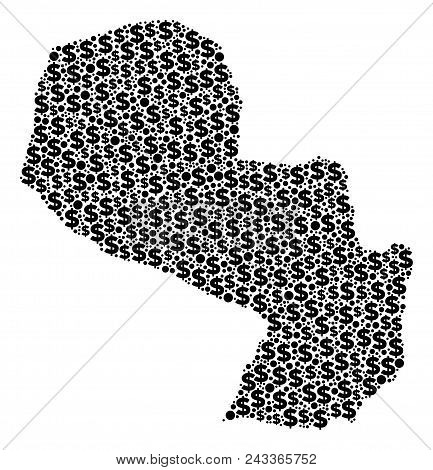 Paraguay Map Collage Of Dollar Symbols And Spheric Dots In Different Sizes. Abstract Vector Banking 