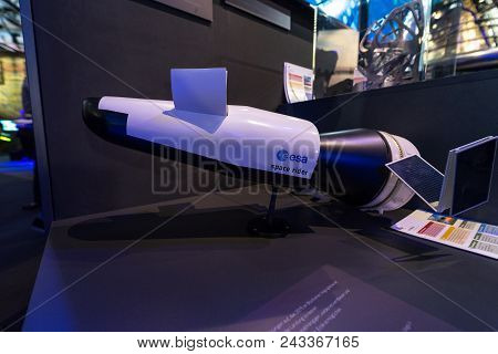 Berlin - April 26, 2018: Space Pavilion. Mockup Of Unmanned Orbital Spaceplane Space Rider Of The Eu