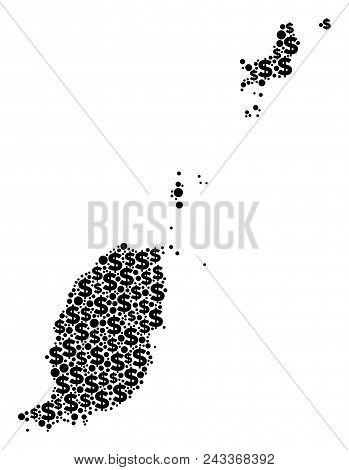 Grenada Map Mosaic Of Dollars And Circle Spots In Different Sizes. Abstract Vector Cash And Gdp Gren