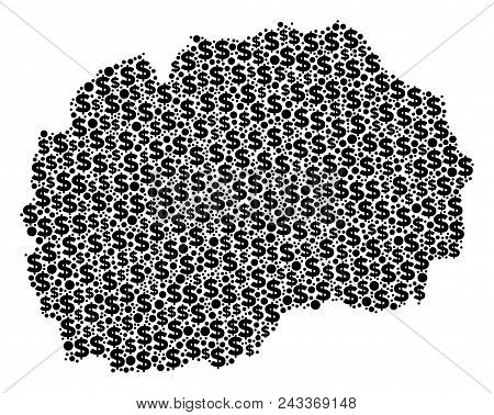 Makedonia Map Composition Of Dollars And Sphere Points In Various Sizes. Abstract Vector Wealth And 