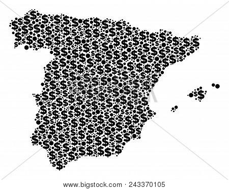 Spain Map Composition Of Dollar Signs And Round Spots In Variable Sizes. Abstract Vector Cash And Gd