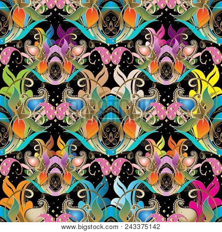 Colorful Beautiful Floral Paisley Seamless Pattern. Vector Ornamental Bright Patterned Background. E