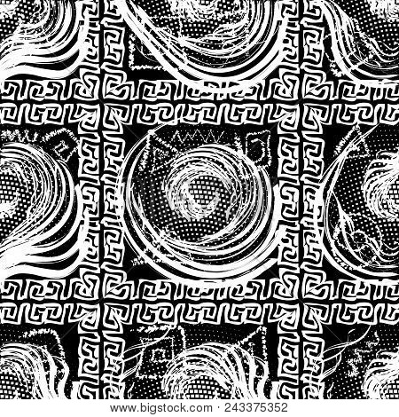 Check Geometric Black And White Greek Seamless Pattern. Geometrical Checkered Dotted Vector Backgrou