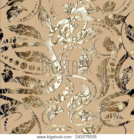 Gold Vintage Ornamental Seamless Pattern. Vector Ornate Patterned Background. Abstract Decorative Ha