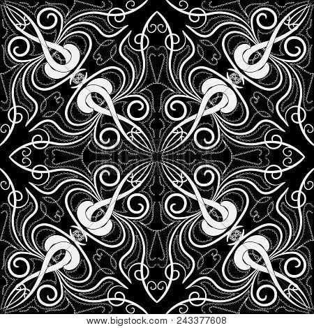 Vintage Black And White Floral Seamless Pattern. Vector Monochrome Ornamental Lace Background. Hand 