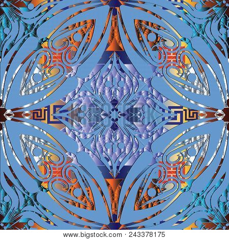 Floral Ethnic Style 3d Seamless Pattern. Vector Ornamental Patterned Greek Background. Geometric Sha