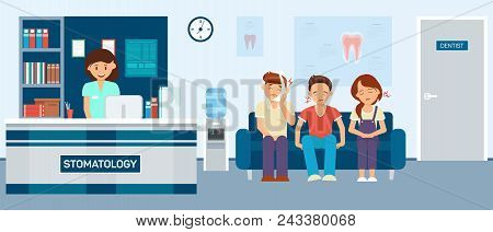 Upset Patients With Toothache Are Sitting In Waiting Room Of Stomatology. Reception At Dentist. Toot